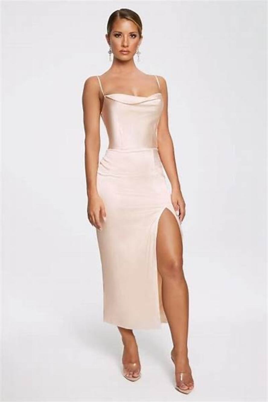 Meshki Kimberly Ivory Satin Cowl Neck Slit Cocktail Slip Dress Size Medium